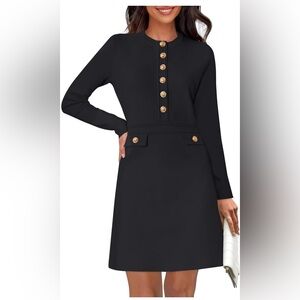 Black Long Sleeve Sweater Dress with Gold Buttons